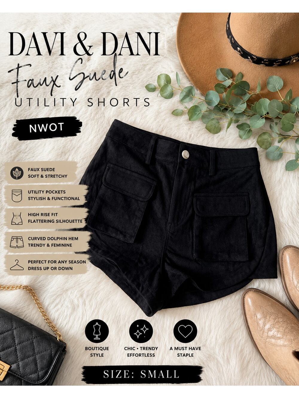 Davi & Dani Faux Suede Utility Shorts Black Cargo Pocket High Rise Small